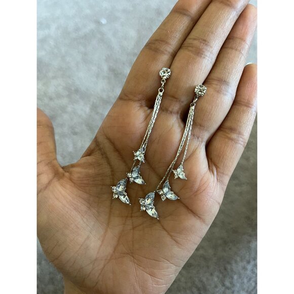 Silver butterfly earrings ,long clear rhinestone fringe chain gold bride earring - Picture 4 of 8